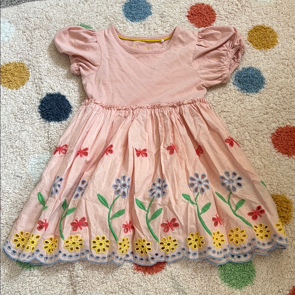 Mini Boden Pink and Yellow Puff Sleeve Sundress with Peter Pan Collar 2-3 y